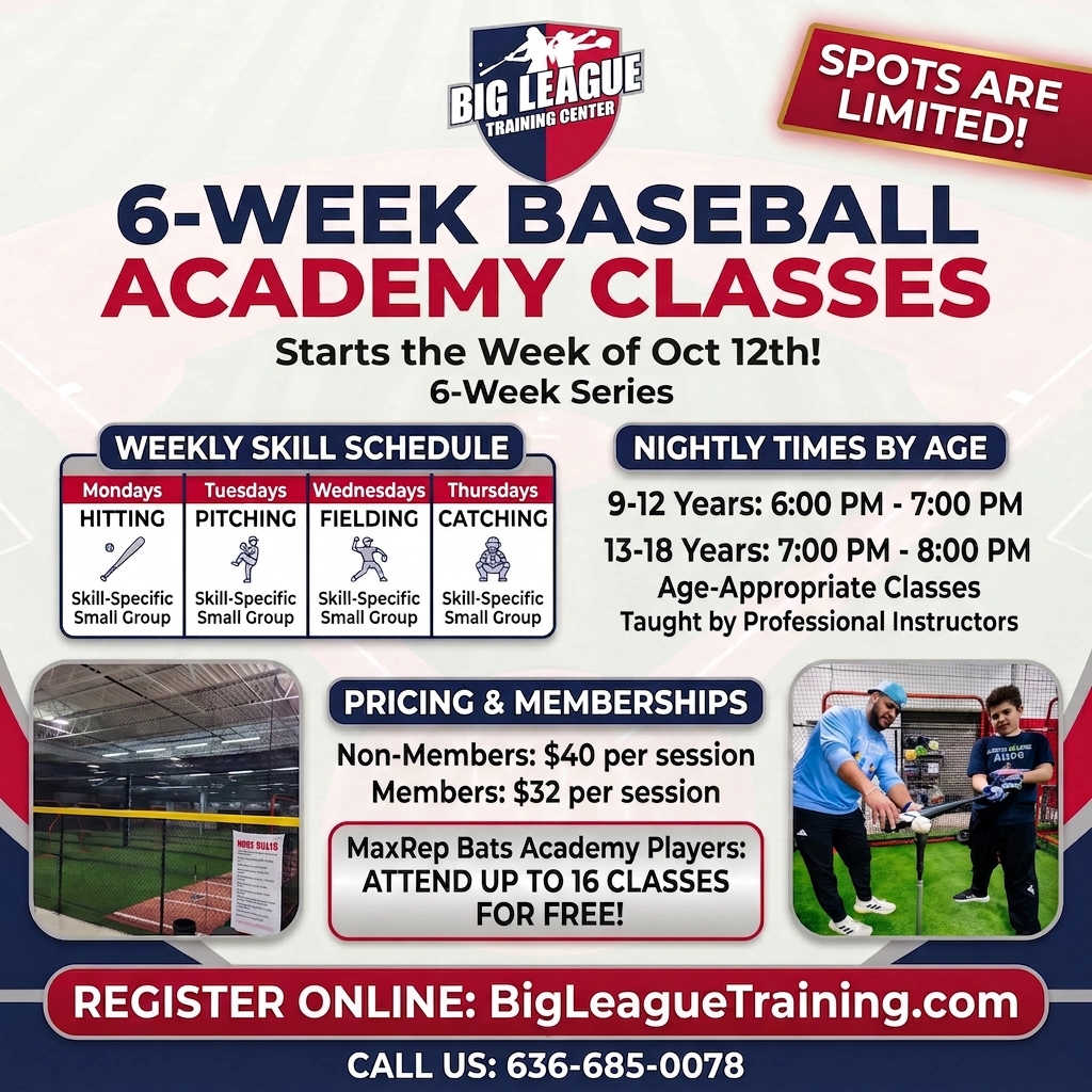 Baseball skill classes pitching, hitting, catching, fielding, st. Charles, Missouri Big League Training Center